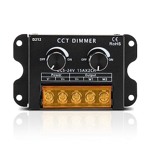RGBZONE Dual Channel CCT LED Dimmer, DC 5V/12V/24V 30A PWM Dimming Controller, Warm White & Cool White Knob Brightness Adjustment for 5050 3528 LED Strips - color: CCT