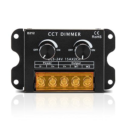 RGBZONE Dual Channel CCT LED Dimmer, DC 5V/12V/24V 30A PWM Dimming Controller, Warm White & Cool White Knob Brightness Adjustment for 5050 3528 LED Strips - color: CCT