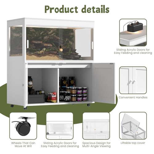 Reptile Terrarium with Storage Cabinet – Large 60 Gallon Tank with Wheels, Sliding Door & Metal Mesh Roof – Perfect for Lizards, Snakes, and More