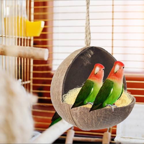 kathson Natural Coconut Shell Bird Nest,Hanging Coconut for Birds Parakeet Coconut Hut Coco Shell Bird House Cage Accessories Decoration for Parrots Lovebird Parakeets Finch Canary - size: [M:9.8 x 5.1 x 5.1 lnches]
