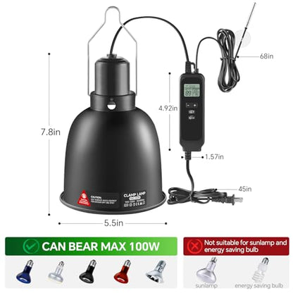 5.5 inch Reptile Heat Lamp Fixture with Thermostat and Timer,Reptile Light Fixture with Dimming Thermostat Max 100W,PID Temperature Controller for UVB Lights,Basking Heat bulbs and Terrariums - size: 5.5 inch without CHE Bulb