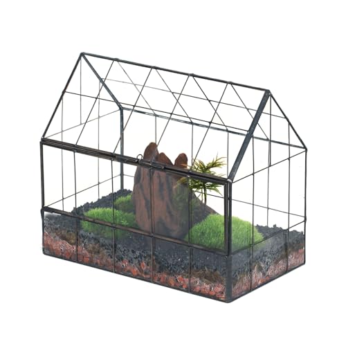 NCYP Geometric Glass Terrarium with Front Opening Door, House Shape Closed Micro Landscape Planter Box for Small Succulent, Cacti - Home Indoor Tabletop Decor, Handmade, Black (No Plants)