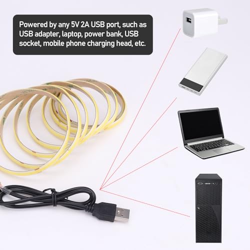 DC 5V USB COB LED Strip Light Cool White 6000K Dimmable IP65 Waterproof CRI 93+ USB Powered 6.6ft/2M 640LEDs with Dimmer High Brightness Flexible LED Tape Lights - color: Cool White