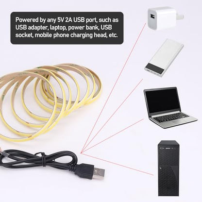 DC 5V USB COB LED Strip Light Cool White 6000K Dimmable IP65 Waterproof CRI 93+ USB Powered 6.6ft/2M 640LEDs with Dimmer High Brightness Flexible LED Tape Lights - color: Cool White