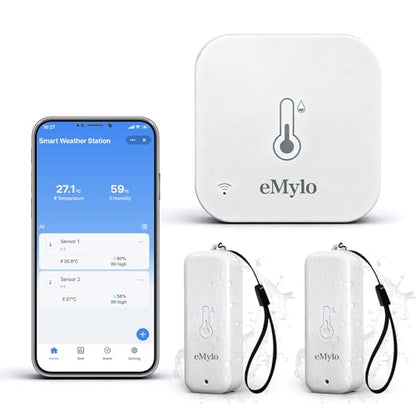 eMylo WiFi Thermometer Hygrometer 3 Pack with Hub, Smart Indoor Outdoor Temperature Humidity Sensor, IP65 Waterproof, App Alerts, 492ft Range, Alexa Google Home Compatible,Greenhouse Baby Room Monitor