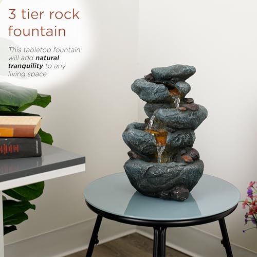 Alpine Corporation TZL418 14" 3 Tier Rock Fountain with LED Lights, Elegant Cascading Water Feature for Tabletop, Indoor Decor, Relaxing Stone Waterfall for Home & Office, Gray - style: Elegant Rock w/ LED Lights
