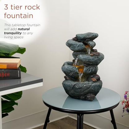 Alpine Corporation TZL418 14" 3 Tier Rock Fountain with LED Lights, Elegant Cascading Water Feature for Tabletop, Indoor Decor, Relaxing Stone Waterfall for Home & Office, Gray - style: Elegant Rock w/ LED Lights