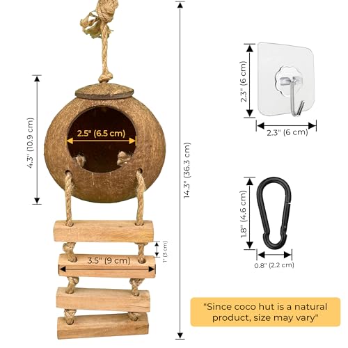 Hermit Crab, Hamster Coconut Cave Hide with Ladder, Reptile & Snake Natural Coco Shell Hut Hideout, Gerbils Mice Small Animals House Pet Cage Habitat Decor, with Sticky Wall Hook - style: Small