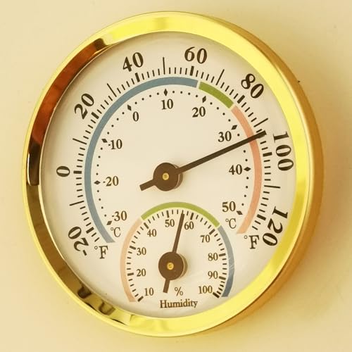 Mini Analog Hygrometer Thermometer - High Precision Humidity Temperature Gauge with Aluminum Alloy Case for Indoor Home Office Room Car Patio Sauna Garden Wall Mount(Gold)