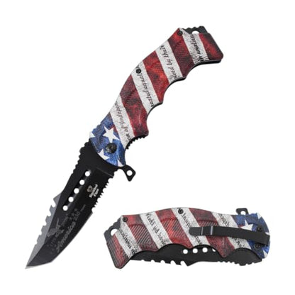 Snake Eye Tactical 8.5" Heavy Duty Folding Pocket Knife – Black Reverse Tanto Half Serrated 3CR13 Steel Blade, Printed Metal Declaration of Independence Flag Handle, 250th Anniversary Edition - color: USA Flag