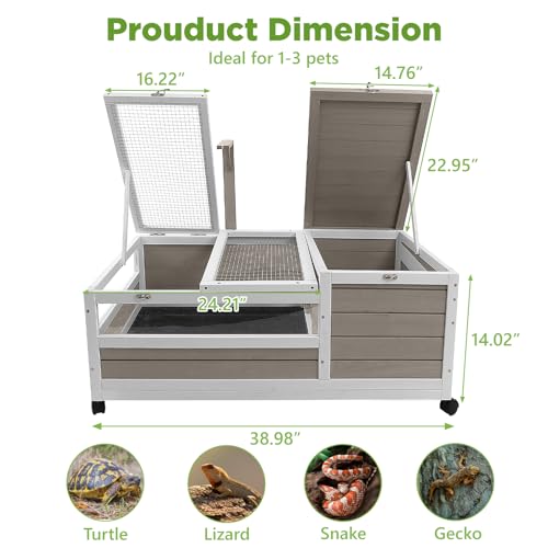 Tortoise Habitat with Lamp Holder in Indoor & Outdoor, Wooden Extensible Turtle Enclosure Table with 4 360° Lockable Wheels, Leakproof Tray, Openable Roof for Tortle, Lizard, Chameleon - size: 39"L x 24"W x 14"H