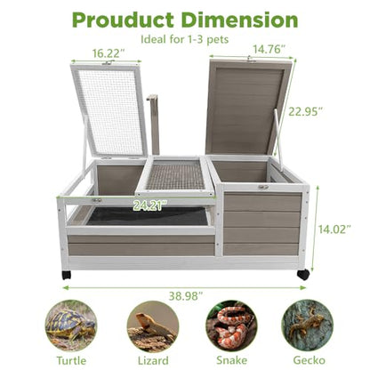 Tortoise Habitat with Lamp Holder in Indoor & Outdoor, Wooden Extensible Turtle Enclosure Table with 4 360° Lockable Wheels, Leakproof Tray, Openable Roof for Tortle, Lizard, Chameleon - size: 39"L x 24"W x 14"H
