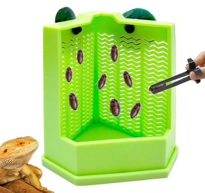 Chameleon Feeder Bearded Dragon Box Reptile Feeder with Suction Cup, Wall Mounted Insect Feeder Escape-Proof Corner for Lizard, Iguana, Gecko, Frog (Medium)