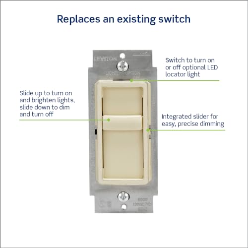 Leviton SureSlide Dimmer Switch for Dimmable LED, Halogen and Incandescent Bulbs, 6672-1LT, Light Almond - color: Light Almond
