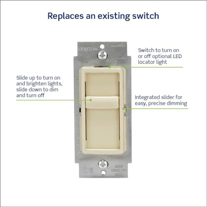 Leviton SureSlide Dimmer Switch for Dimmable LED, Halogen and Incandescent Bulbs, 6672-1LT, Light Almond - color: Light Almond