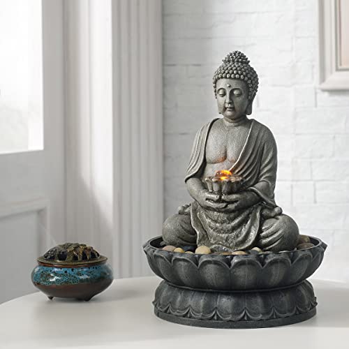 GOSSI 11.2 Inch Tall Indoor Tabletop Buddha Fountain with Reflective Lighting and Cobblestone Base, Zen Desk Water Fountain for Office and Home Decor - color: Gray Buddha