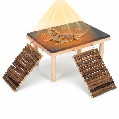 Bearded Dragon Basking Platform, Natural Slate Reptile Basking Rock with Wooden Climbing Ramp, Terrarium Habitat Decor for Lizard, Leopard Gecko, Tortoise, Snake (Large with 2 Wooden Climbing Ramp) - size: Large with 2 Wooden Climbing Ramp