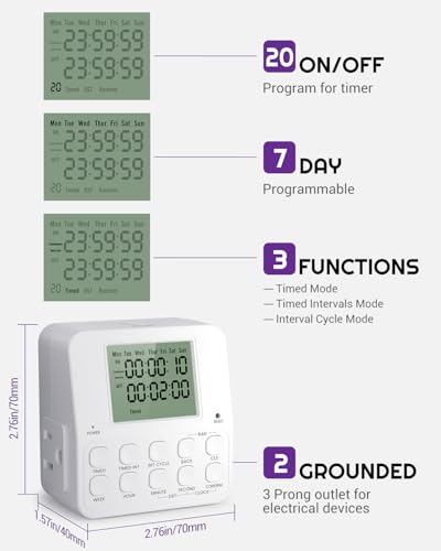NEARPOW Digital Timer Outlet, Infinite Interval Repeat Cycle Timer Plug, Indoor Timed Interval Cycle Power Switch, 7 Day 24 Hour Daily Programmable Electrical Outlet with 20 ON/Off Programs 15A/1875W - size: 1 Pack