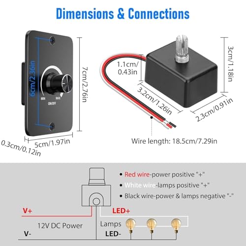 Linkstyle 12V Dimmer Switch, Rotary ON/Off Dimmer for Car Trailers Van Truck RV 60W LED Lights, Halogen, Incandescent
