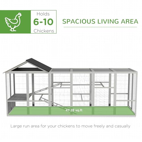 PawHut Wooden Chicken Coop Run for 6-10 Chickens, Hen House, Poultry Cage Add-On with Storage, Perches, 141.75" x 48" x 61", Gray - color: Gray