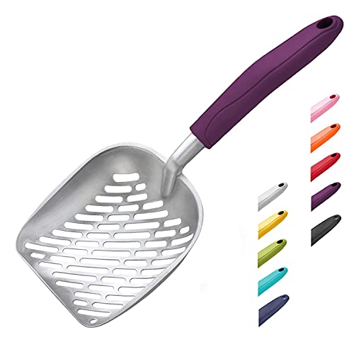 WePet Cat Litter Scoop, Aluminum Alloy Sifter, Kitty Metal Scooper, Deep Shovel with Diagonal Sifting Hole, Long Handle, Kitten Poop Lifter for Litter Box, Medium Size, Violet Handle - color: #07 Violet, size: Medium