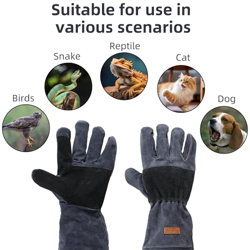 Small Animal Care Gloves - 23.6 inch Leather Reinforced Gloves, Adjustable Straps Suitable for Grabbing Cat Reptile Puppy Bird Poultry or Gardening Welding (Grasping Small Animals)