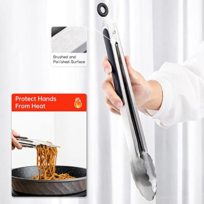9 & 12 Inch Kitchen Tongs, Stainless Steel Metal Tongs Cooking Tongs, for Cooking Barbecue, BBQ Grilling, Buffet Serving (9"+12") | For Cooking/Serving/Grilling | Heat-Resistant | Dishwasher Safe - size: 9"+12"