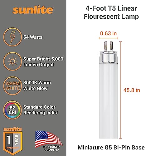 Sunlite 30430 F54T5/830/HO 4 Foot T5 Linear Fluorescent Lamp, 54 Watts, 5000 Lumens, 3000K Warm White, Miniature G5 Bi-Pin Base, ROHS Compliant, High Performance Straight Tube, 40 Pack - color: 3000k, style: 54 watts (45.80-Inch)