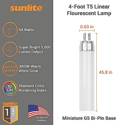 Sunlite 30430 F54T5/830/HO 4 Foot T5 Linear Fluorescent Lamp, 54 Watts, 5000 Lumens, 3000K Warm White, Miniature G5 Bi-Pin Base, ROHS Compliant, High Performance Straight Tube, 40 Pack - color: 3000k, style: 54 watts (45.80-Inch)