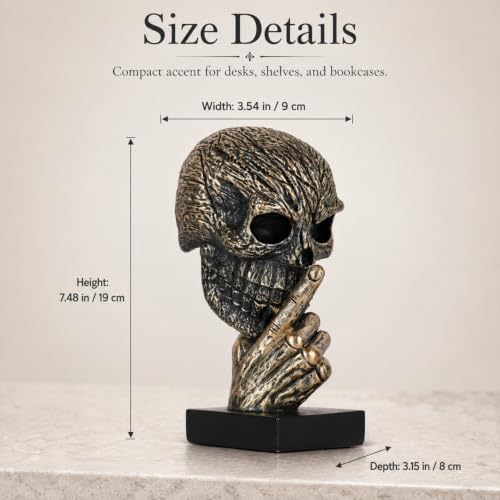 Black and Gold Speak No Evil Skull Sculpture – Gothic Halloween Figurine for Shelf or Desk, Resin Bronze Skeleton Statue for Goth Weird Home Decor, Dark Academia Office Spooky Accent