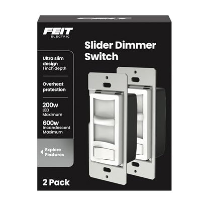 Feit Electric LED Slide Dimmer Switch, Single-Pole or 3-Way Wall Light Dimmer for Dimmable LED & CFL Bulbs, Includes Wall Plate and Wire Nut Installation, DIM/Slide/2, 2 Pack - style: SLIDE DIMMER