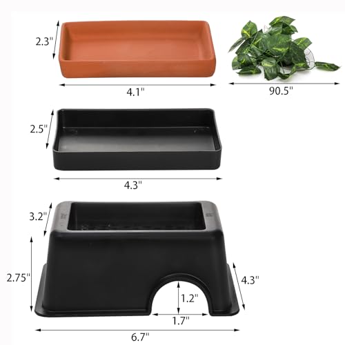 2 Pack Reptile Hide Box, Small Animal Hideout Plastic Hide Cave with Sink Humidifier, Pet Habitat Decor Hideaway Hut with Flexible Leaves for Lizard Gecko Snake Leopard Spider Turtle Amphibian