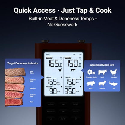 ThermoMaven 3000FT Smart Wireless Meat Thermometer, Sub-1G Long Range, 6 Sensors NIST Certified Accuracy, 2 Thin Probes, Standalone Base with Large LCD for Grill, Smoker, Oven, BBQ - color: Red