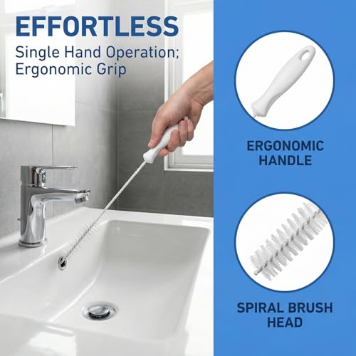 4 Pcs Drain Cleaner Brush,17.71 Inch Flexible Bendable Spiral Hair Cleaning Sink Tool Clog Remover with Nylon Bristles for Sink Overflow Tube, Kitchen, Pipes, Dishwasher, Drains (White)