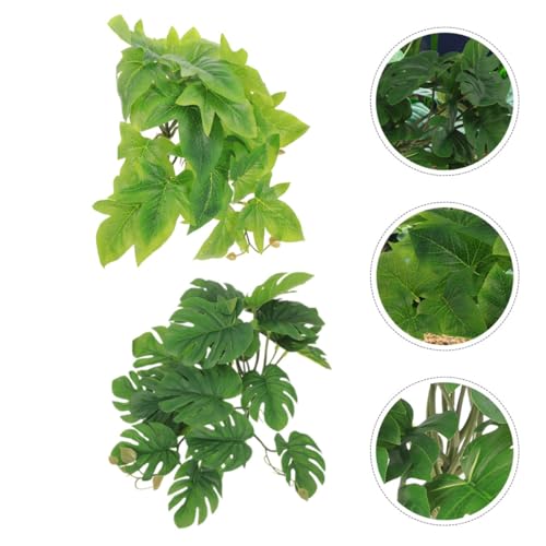 BESPORTBLE 2pcs Artificial Hanging Plant for Reptile Habitat with Suction Cup, Lifelike Plastic Leaf Terrarium Decor, 23 Leaf Monstera and Sweet Potato, Suitable for Amphibians