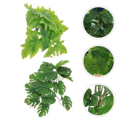 BESPORTBLE 2pcs Artificial Hanging Plant for Reptile Habitat with Suction Cup, Lifelike Plastic Leaf Terrarium Decor, 23 Leaf Monstera and Sweet Potato, Suitable for Amphibians