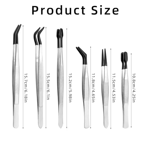 6pcs Rubber Tip Tweezers, Long Tweezers Bent Pointed Tipped Hobby Tweezer for Crafts Jewelry Making Plastic Silicone Sticker Seed Stamp Collecting Entomology Mosaic Ear Nail Supplies - style: Set 4