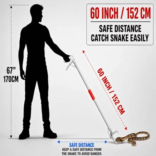 60" Snake Grabber, Collapsible Snake Tongs All-Stainless Steel, Humane Rattle Snake Reptile Catcher Pincher, Smooth Wide Jaw Hangling Tool with Lock - size: 60" snake grabber