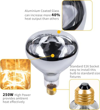250 Watt R40 Clear Heat Lamp Bulb – Infrared Flood Reflector Light, Incandescent Spotlight for Food Warmer, Brooder, Chicken Coop, Pet Heating, Bathroom, Light Therapy – E26 Base (1, Clear) - color: Clear