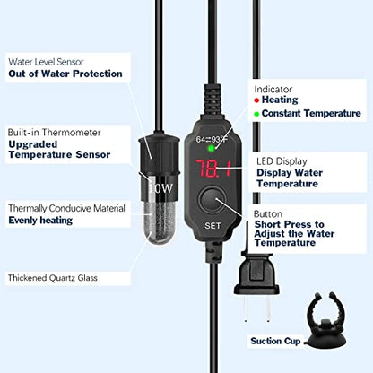 YOFOTHS Adjustable Mini Aquarium Heater 0.5/1/2/3 Gallon Submersible Small Fish Tank Heater 10W/20W/30W Digital Display Thermostat External Temperature Controller (10W) - size: 10W