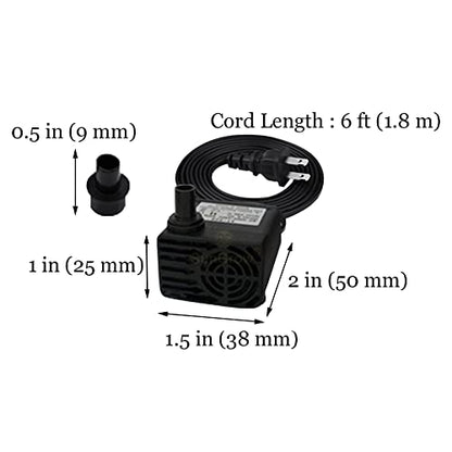 SunGrow 55 GPH 3W Small Outdoor Submersible Cat & Dog Water Fountain Pond Pump, Aquarium Fish Tank Mini Water Pump for Statuary, Hydroponics, Tabletop Fountain, Pet Fountain, For 3-5 Gallons Tank