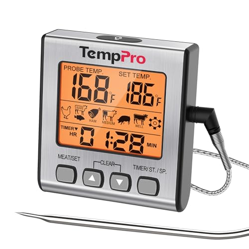 TempPro Digital Meat Thermometer for Cooking and Grilling, BBQ Food Thermometer with Backlight and Kitchen Timer, Grill Temperature Probe Thermometer for Smoker, Oven, Baking,Oil(Previously ThermoPro) - color: Light Silver