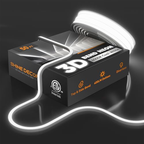 Shine Decor 3D LED Neon Rope Lights AC 120V, Top & Side Bend 400LM Dotless, Driverless IP65 Waterproof Cold-Resistant ETL Silicone Strip for Home Commercial 10x10mm, 6000K Cool White, 50ft - color: 6000K Cool White, size: 50.0 ft