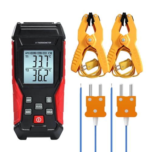Digital Thermometer HVAC Dual Channel K Type Temperature Clamp (-328~2501℉) with 2 Temperature Clamp 2 Thermocouple Probes, HVAC Thermometer Tester for K Type - color: Black