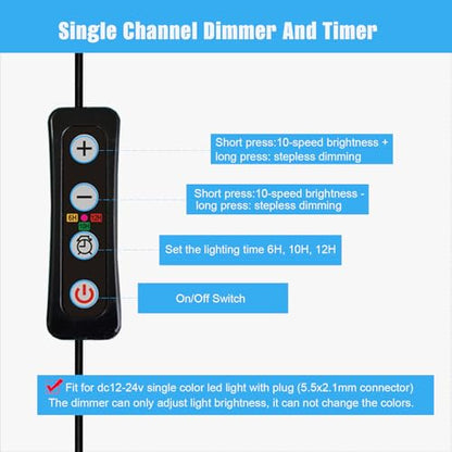 Aquarium Light Timer and Dimmer, 5.5mm x 2.1mm DC Barrel Connector, 6/10/12 Hour Auto On/Off, Brightness Control 10-100%, Sunrise Sunset Simulation for Fish Tank 12-24V DC LED Lights, 2 Pack