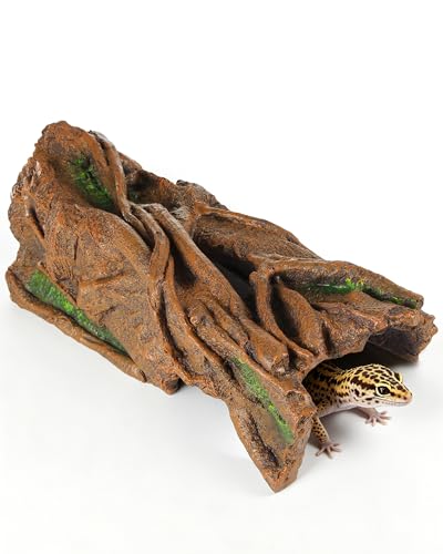 REPTITRIP Reptile Hide Cave, Resin Tree Bark Reptile Hideout for Snakes, Geckos, Lizards, and Bearded Dragons - Habitat Cave for Terrariums and Aquariums