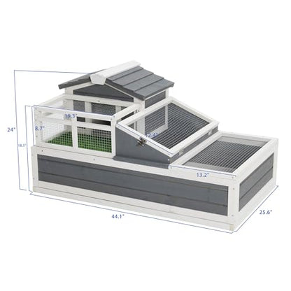 3-Room Tortoise Habitat with Balcony and 2 Stories - Large Wooden Reptile Enclosure for Turtles, Openable Roof, Ladder, Turf Mat, and Removable Tray, Grey and White
