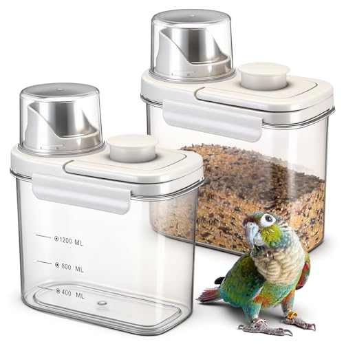 Maxdot 2 Pcs Bird Seed Storage Container 1.7 Qt/1.6 L with Tight Lids Airtight Cup Pet Food Storage Measuring Containers Lids with Pouring Spouts for Macaws African Grey Cockatoos(Beige) - color: Beige