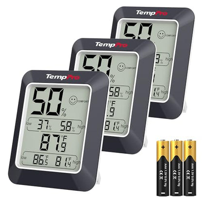 TempPro TP50W 3 Pieces Digital Hygrometer Indoor Thermometer Room Thermometer and Humidity Gauge with Temperature Humidity Monitor (Previously ThermoPro) - color: Black