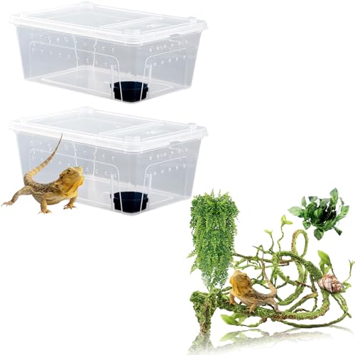 Hamiledyi 2PCS Reptile Feeding Box Snake Breeding Box Transparent Animal Habitat Cage and Reptile Plants Bendable Jungle Climbing Vine Terrarium Branch for Crested Gecko Bearded Dragon